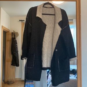 Free People two tone black with white detail one button sweater with pockets